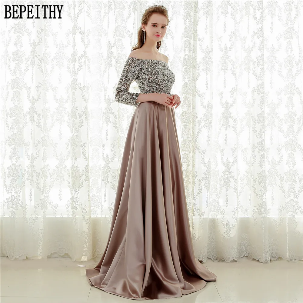 BEPEITHY Robe De Soiree Off The Shoulder Three Quarter Sleeve Bead 2019 Vestido Longo Evening Dress Long