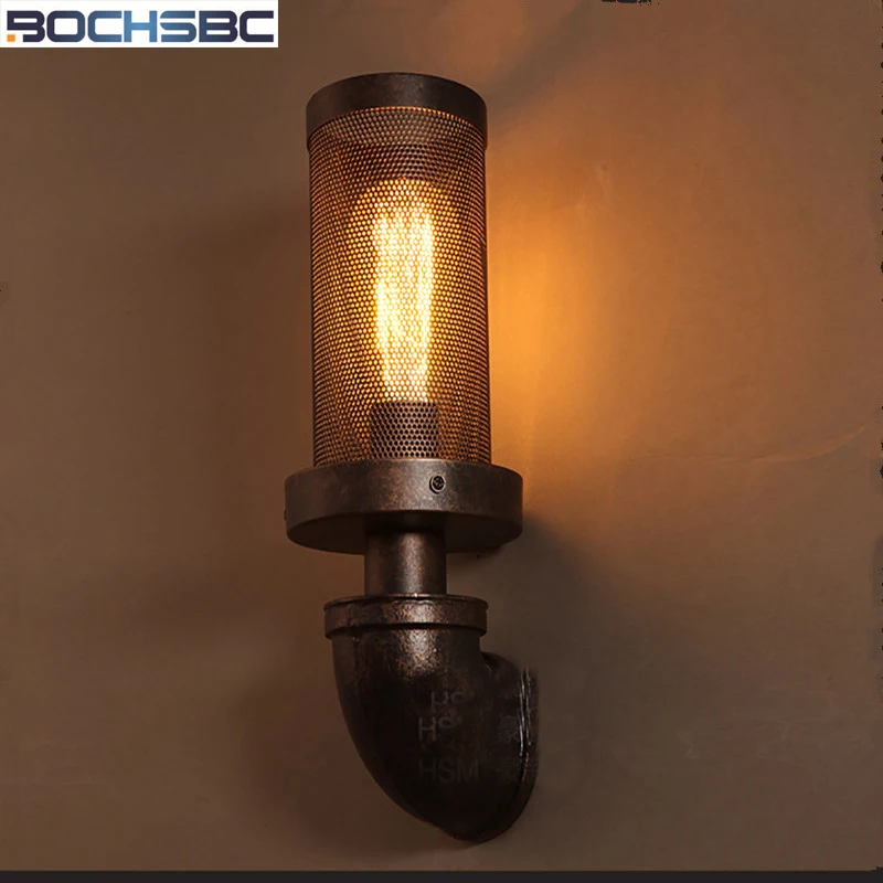 BOCHSBC Industrial Stairs Wall Lamp American Vintage Loft Lampara Wire Mesh Cover Lights Aisle Restaurant Lamps for Bedroom Bar