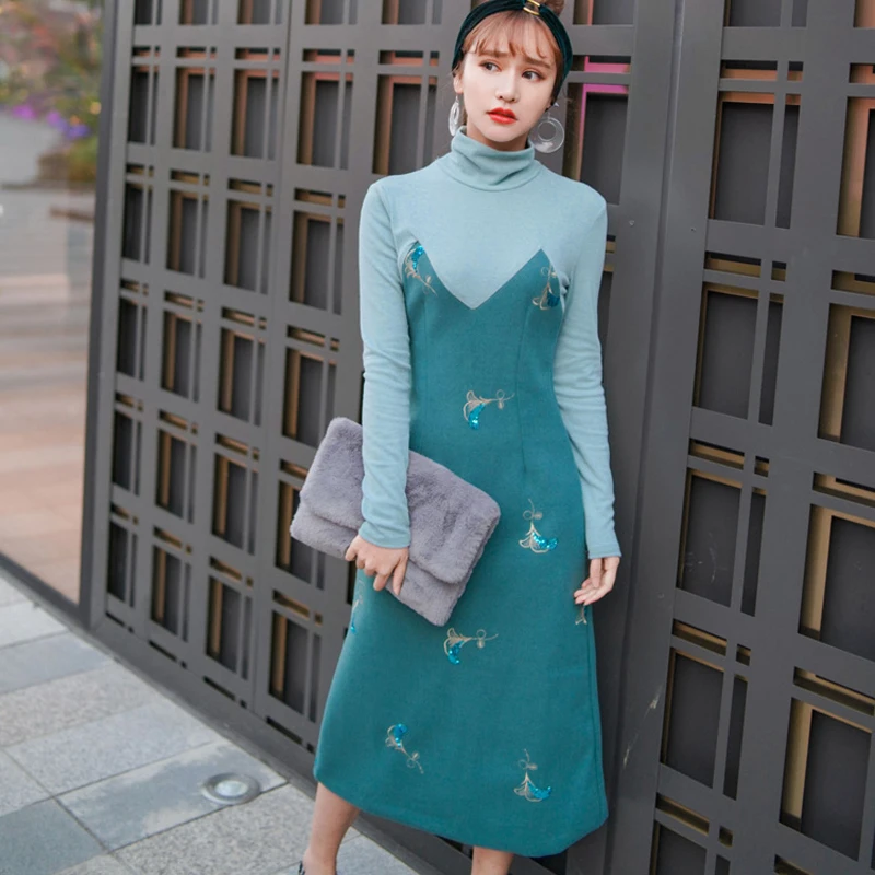 

Turtleneck Patchwork Emboridery Sequined Knitted Dresses Women Elegant Hit Color High Waist Long Dresses Pullover vestidos