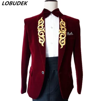 

(Jacket+Pants+Tie) male wedding groom prom Suit Prom party Dancer Singer Show Costume Host Stage Outfit Embroidery Men Suits
