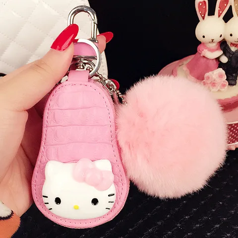 

Hello Kitty Car Key Cover Fur Ball Tassels Fluffy Bunny Keychain Rhinestone Leather Woman Zipper Key Set Key Ring Holder Keyring