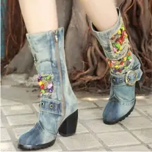 Kaeve/синие джинсовые сапоги до колена; удобные туфли-лодочки на не сужающемся книзу массивном каблуке; ковбойские ботинки с круглым носком; джинсовые Ботинки martin на высоком каблуке