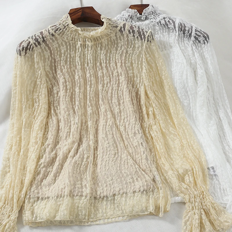 2019 Новая модная женская блузка shrit сетки Высокий воротник flare рукавом кружевная