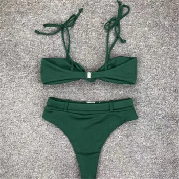 

Women Buckle Bikini Set Solid Green Push Up Swimwear Beach Holiday Bathing Suit 2019 Brazilian Biquini Split Two Pieces Swimsuit