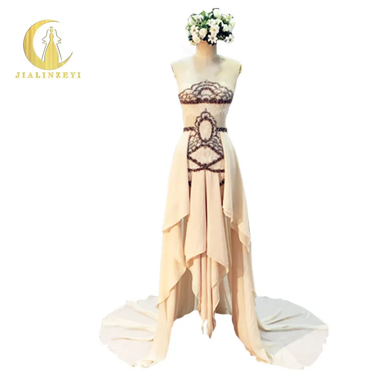 

JIALINZEYI Real Pictures Sexy Top See Through front short and long back beige chiffon Party Dress Formal Dresses evening Dresses