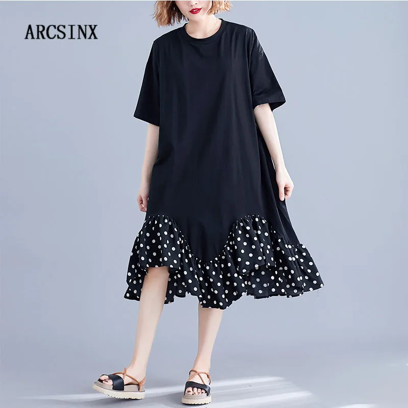 

ARCSINX Black Dress Women Large Size 4XL 3XL Short Sleeve Summer Women's Dress Plus Size Patchwork Korean Dresses For Women