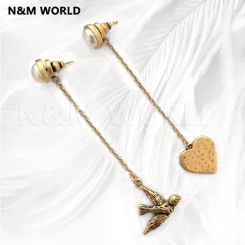 

Fashion Retro Love Birds Pearl Long Chain Tassel Asymmetric Dangle Earrings for Women Jewelry Female Party Gift