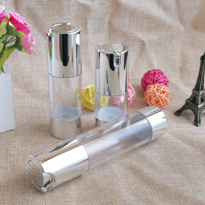 

Make Up Airless Pump Bottle 15ml 30ml 50ml Silver Cosmetic Liquid Cream Container Lotion Essence Bottles for Travel 100pcs/lot