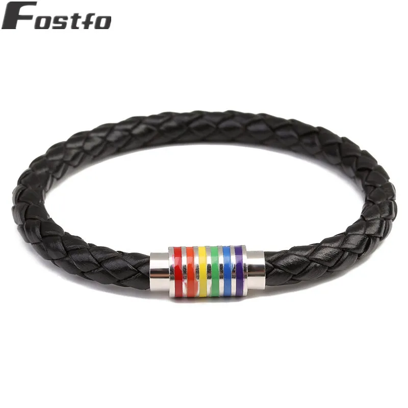 

Fostfo Fashion 100% Genuine Braided Leather Bracelet Women Men Stainless Steel LGBT Gay Pride Rainbow Magnetic Clasp Bracelets