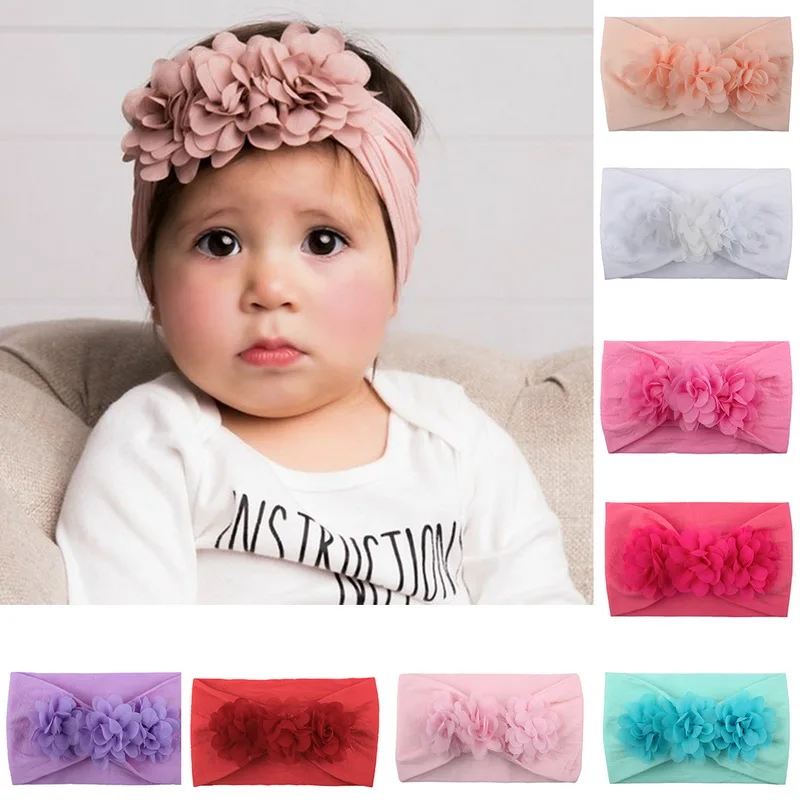 2PCs Baby Headband Elastic Hair Band Baby Chiffon Flower Hair Band Lace