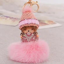 6 Цветов Симпатичные Hat Горный Хрусталь Monchichi Кукла Брелок Мех Кролика Мяч Pom Pom Брелок Женщины Сумку Очарование Кулон Автомобилей Брелок