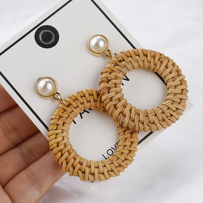 

AENSOA Simple Korea Bamboo Round Drop Earrings For Women Handmade Rattan Straw Braid Geometric Earrings Party Jewelry Accessorie