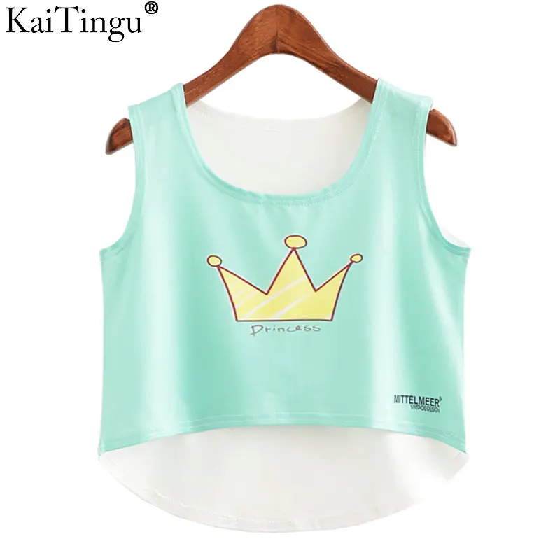 KaiTingu New 2017 Fashion Women Crop Top Sleeveless Cat Princess Print Summer Casual Top Women Short