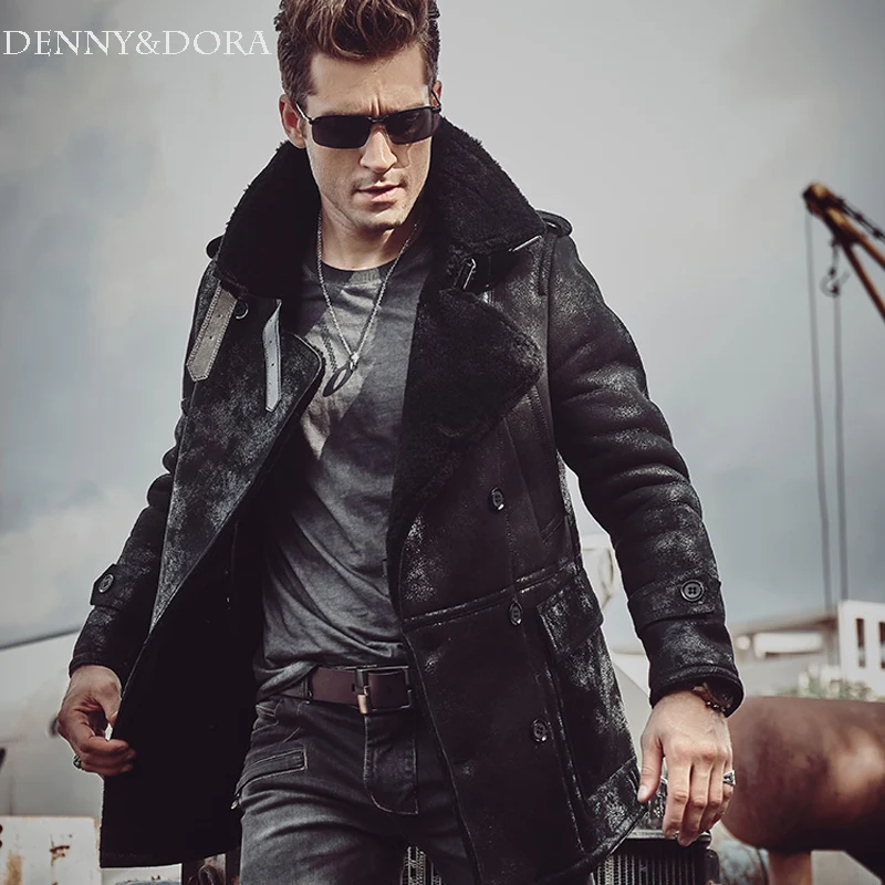 

Black lapel Men's Shearling Leather Jacket Long Style Men's Fur Coat Aviation Leathercraft Parka