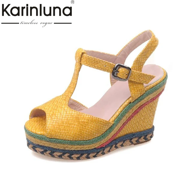 KARINLUNA New Big Size 32-43 Colorful Peep Toe Platform Woman Shoes T-strap Wedges High Heels Party Wedding Sandals