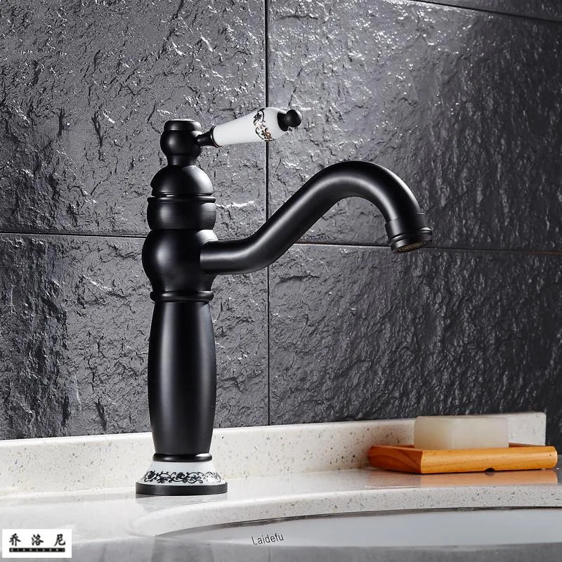 

Black bronze faucet Antique washbasin faucet full copper height Hot and cold Retro basin ceramic faucet
