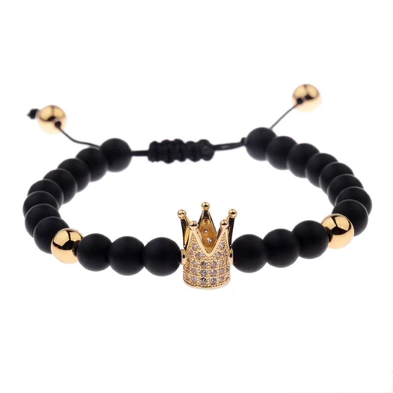 

Amader Charm Men Weave Braiding 6mm Black Matte Stone Bead Bracelet Pave Setting CZ Crown Women Macrame Strand Braclet WAB1230