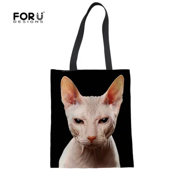

FORUDESIGNS Canadian Cat Shoulder Messenger Bags For Girls Black Linen Women Shopping Bags Girls Cloth Bags Animals Printed Tote
