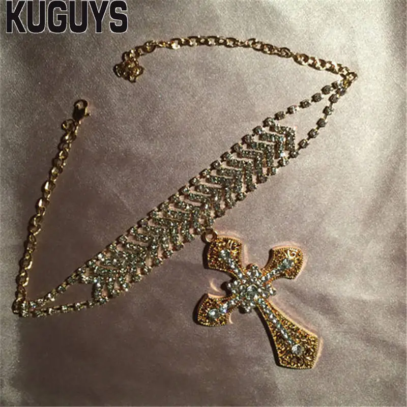 KUGUYS модные ювелирные изделия золото серебро подвеска с большим крестом ожерелье s для женщин гиперболы геометрические винтажные кристаллы ожерелье