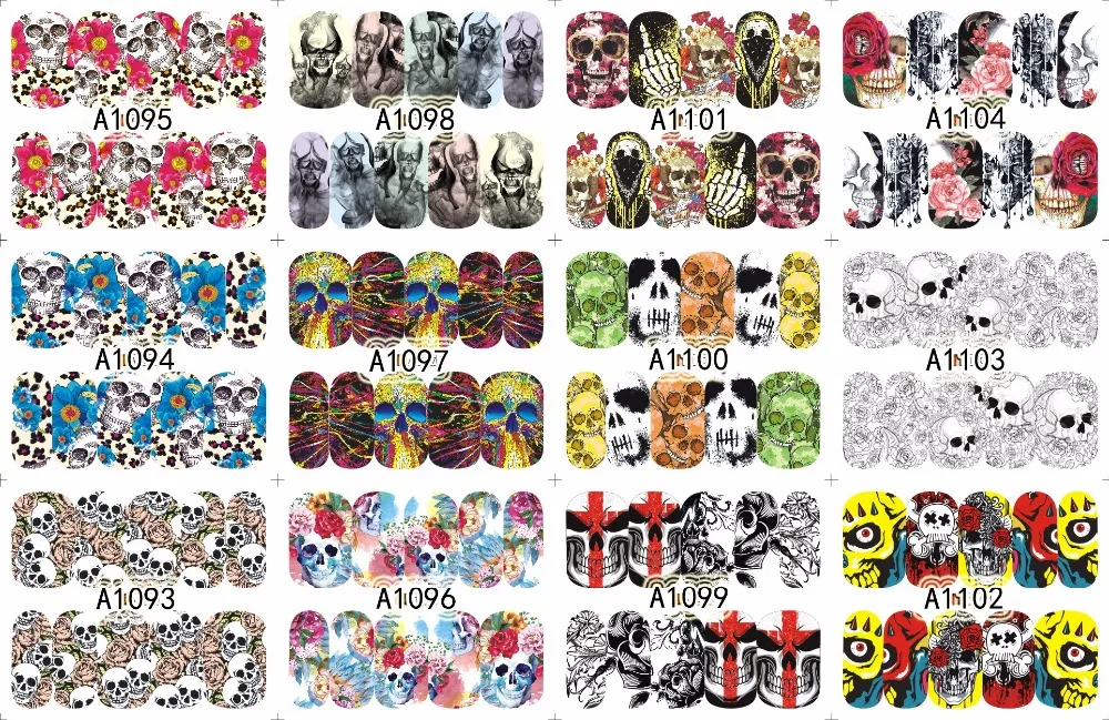 

A1093-1104 12 PACK No. 47 Skulls Abstract Nail Water Wraps Art Stickers Decals day of the dead skull water transfers sticker,