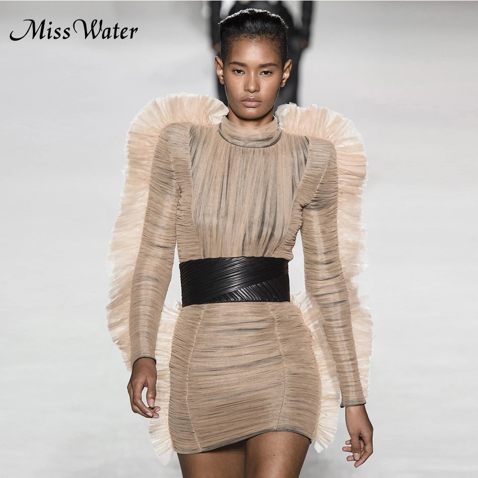 Miss Water Новинка 2018 года женское платье одноцветное Chamagne длинный рукав пояса мини с
