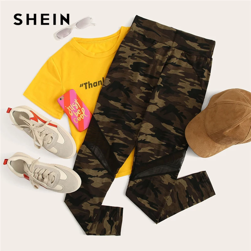 SHEIN многоцветные сетчатые леггинсы с камуфляжным принтом Спортивные Лоскутные Короткие штаны женские осенние леггинсы для активного отдыха