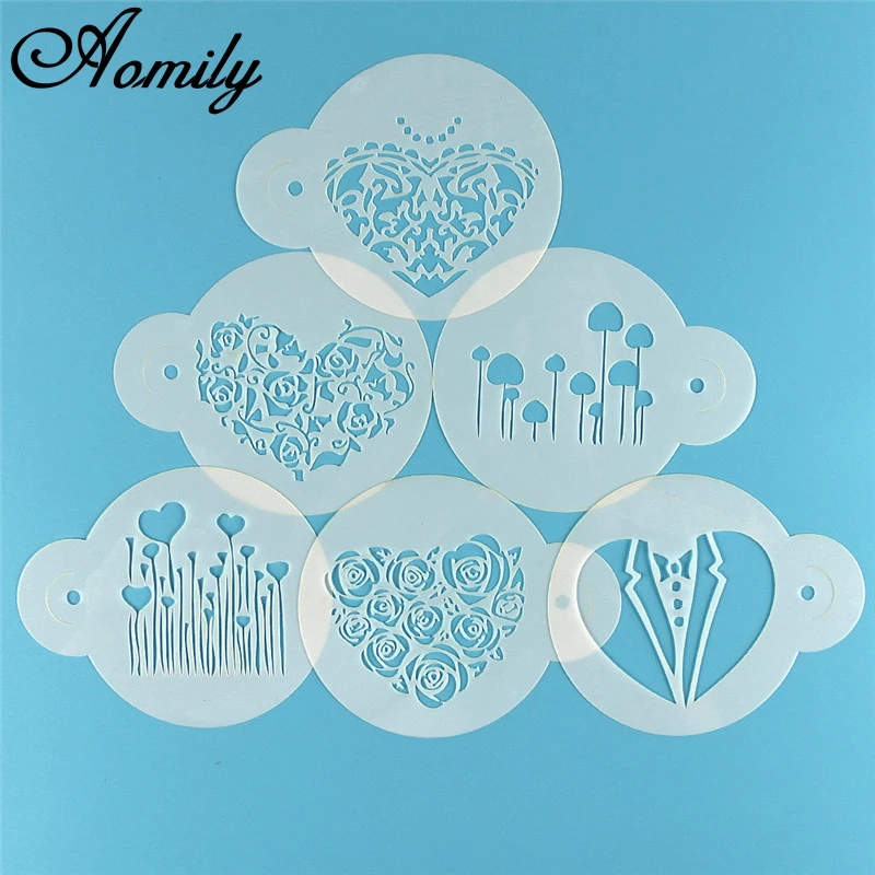 Aomily 6pcs/Set Valentine's Day DIY Cake Stencils Airbrush Painting Art Molds Fondant Decorating Tools Coffee Espresso Stencils