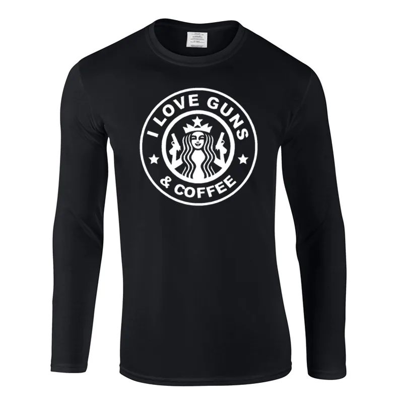 I Love Guns And Coffee t shirt men's long-sleeved cotton T-shirt men bottoming long solid color Casual clothes Male Tops & Tees