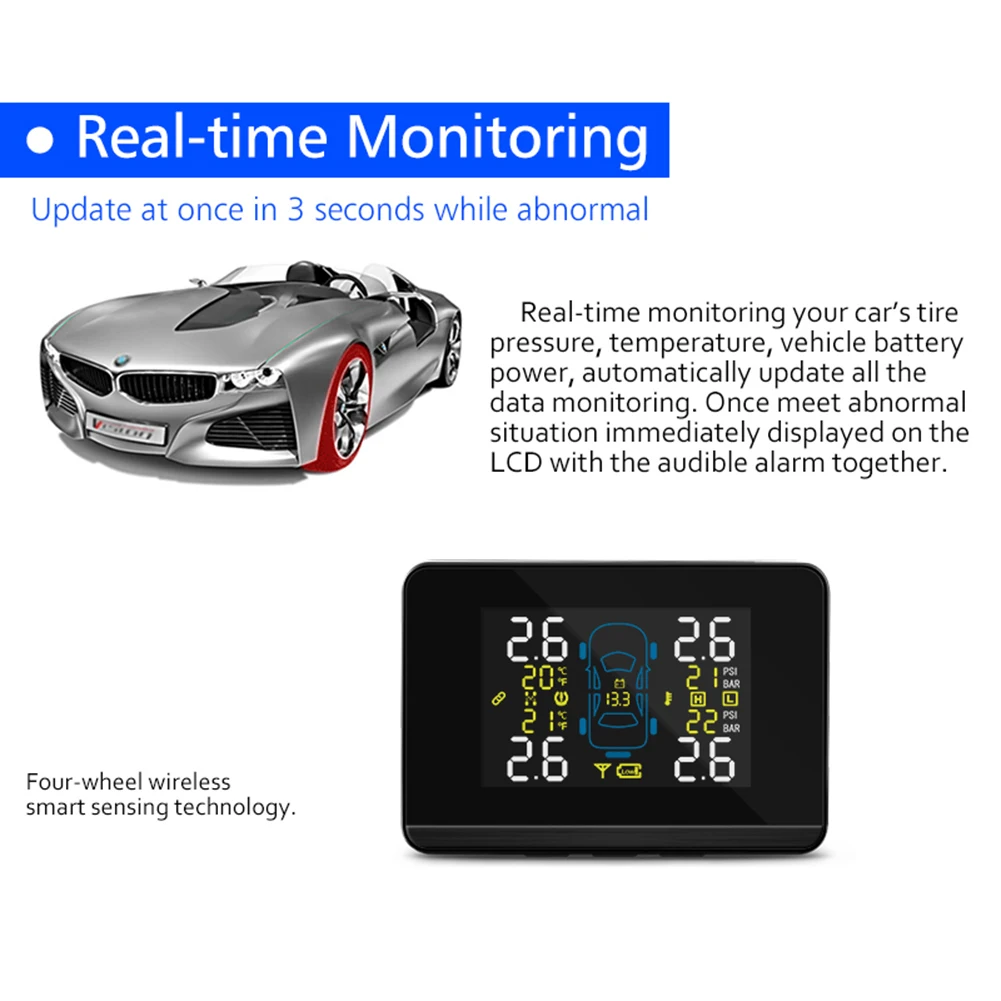 CAREUD DC8V-DC16V Универсальный 4 датчика lcd Автомобильный TPMS автомобильный беспроводной контроль давления в шинах Система прикуривателя батарея постоянного тока