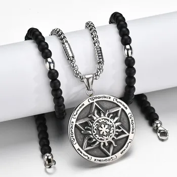 

Punk Stainless Steel Zodiac Signs Lucky Amulet 12 Constellations Pendants Necklaces Black Beads Chain Necklace