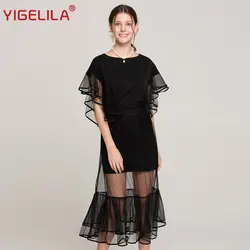 YIGELILA 2019 женский черный 2 шт. наборы мода однотонный с круглым вырезом оборки Топы Империя Тонкий юбка длиной до лодыжки наборы вечерние 78115650