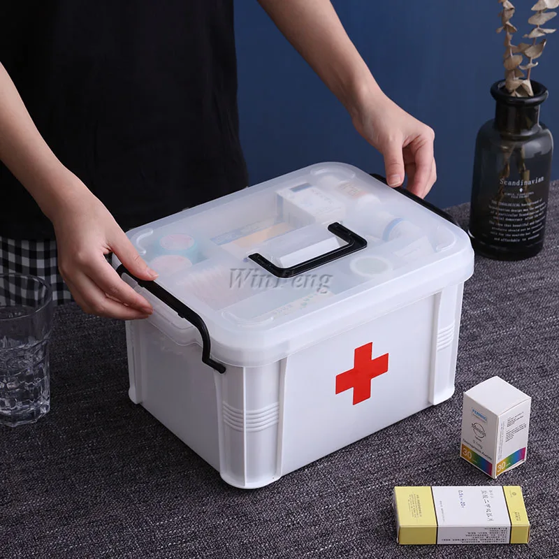 Kit de primeros auxilios para el hogar de plástico blanco caja médica 2 capas portátil de supervivencia de campamento Kits de emergencia caja de almacenamiento de medicamentos de tratamiento
