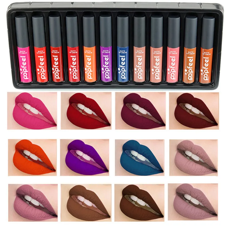 

New Liquid Lipsticks Lip Gloss Makeup Pigment Nude Red Brown Blue Velvet 12pcs Popfeel Brand Long Lasting Matte Lip Gloss Set