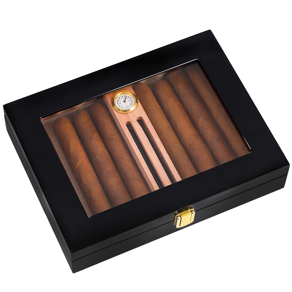 CUBANACAN Black Glossy Piano Finish Glass Top Cedar Wood Cigar Humidor Storage Box With Hygrometer Humidifier and Safe Lock