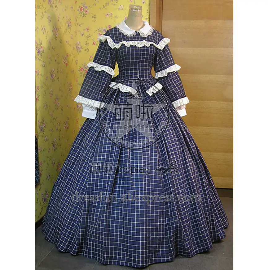 Гражданская война Викторианский Gingham бальное платье День с грациозным кружевом