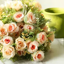Розы Искусственные цветы 13 голов/Букет маленький бутон шелковые искусственные цветы зеленые листья домашних ВАЗ осенний декор для свадьбы