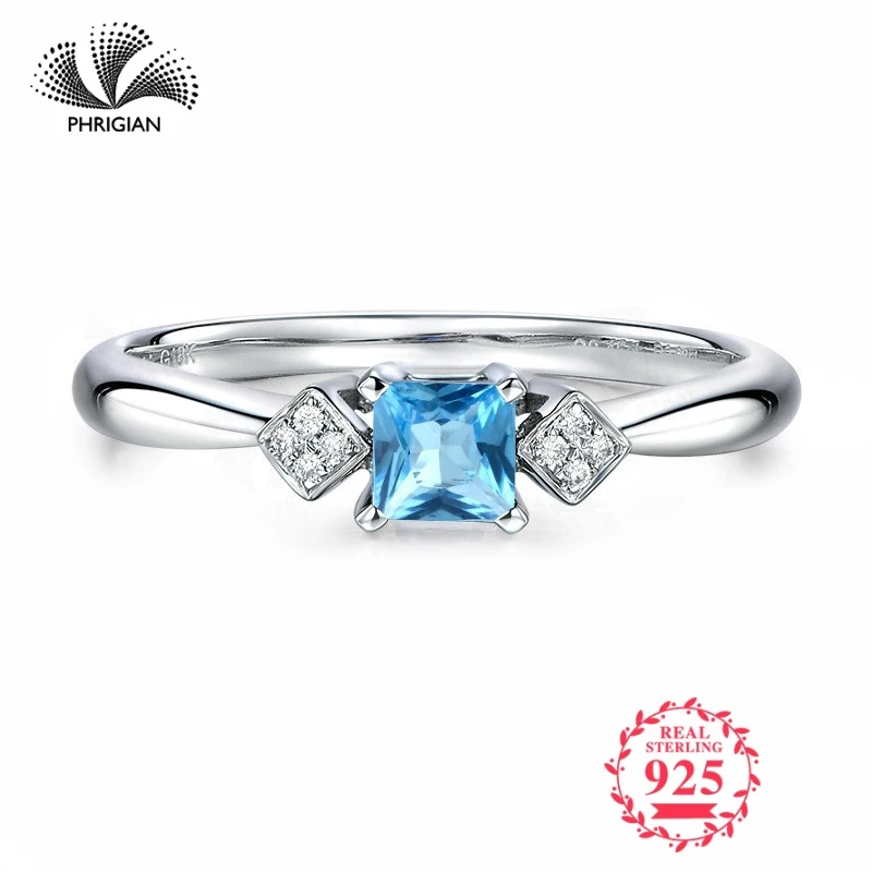 

NOT FAKE Fine Engraving Ring S925 Sterling silver Gemstone princess cut ring Women custom jewelry 925 carat Blue TOPAZ RING
