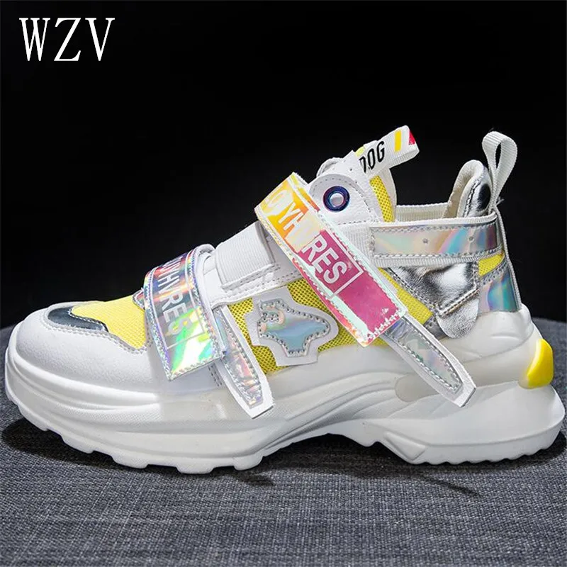 

2019 Spring Summer Glitter Women Sneakers Fashion Mixed Colors Chunky Shoes Hook&Loop Wedges Soft Sole Woman Vulcanize Shoes