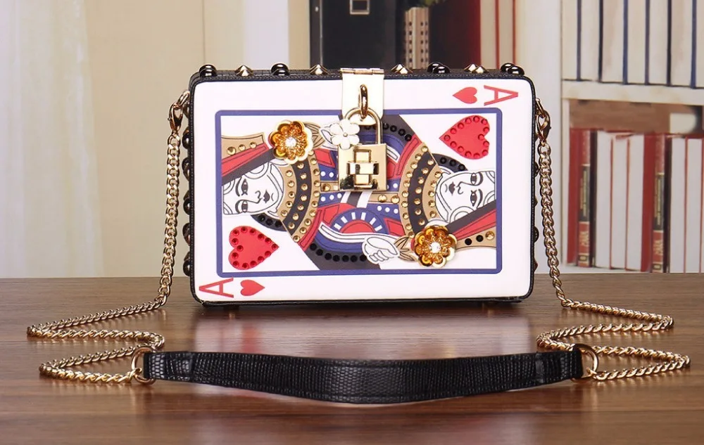 Игральные карты сумка женская Милая для покера с сердцем узор Q цепочки с прямоугольными звеньями заклепки сумка-мессенджер аппликации вечерние модные сумки на плечо