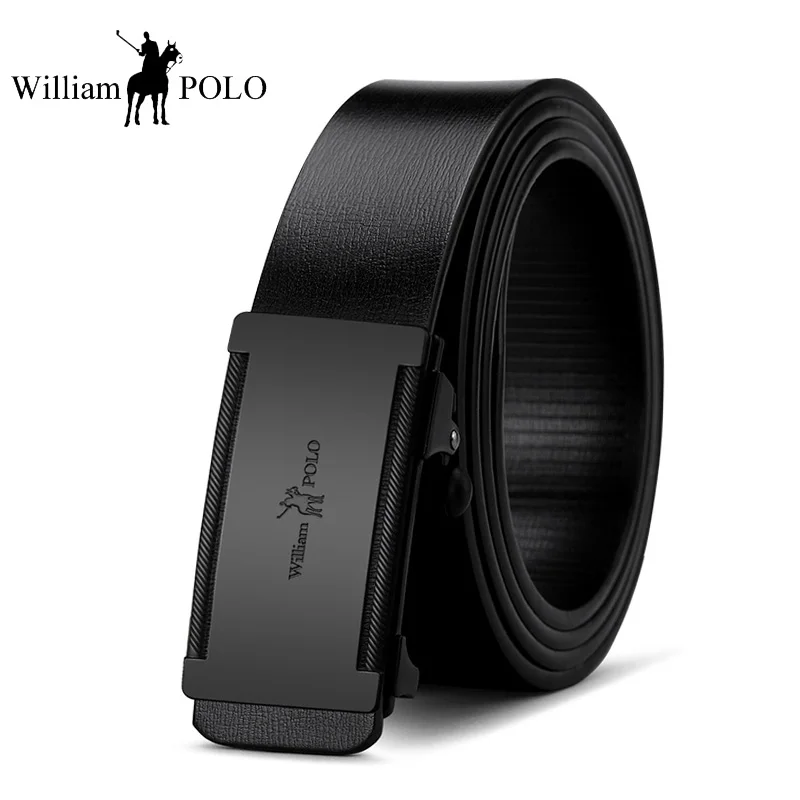 WilliamPolo Luxury Brand New Belt Men Genuine Leather Fashion Full Black Design Cowhide Waist Auto Buckle 130cm | Аксессуары для