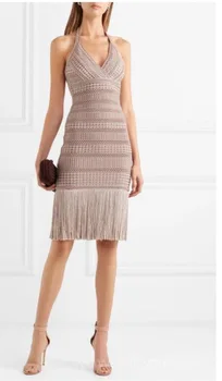 

Pub Fashion Elegant SexyWomen Jacquard Dress tassel Halter Backless V-neck Spaghetti strap celebrity body con dresses wholesale