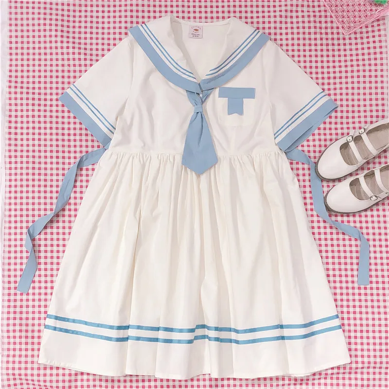 

Japanese style Women's Navy Collar Stripe Lolita Short Sleeve Dress Mori Girl Women's High waist Fairy Students Summer Dresses