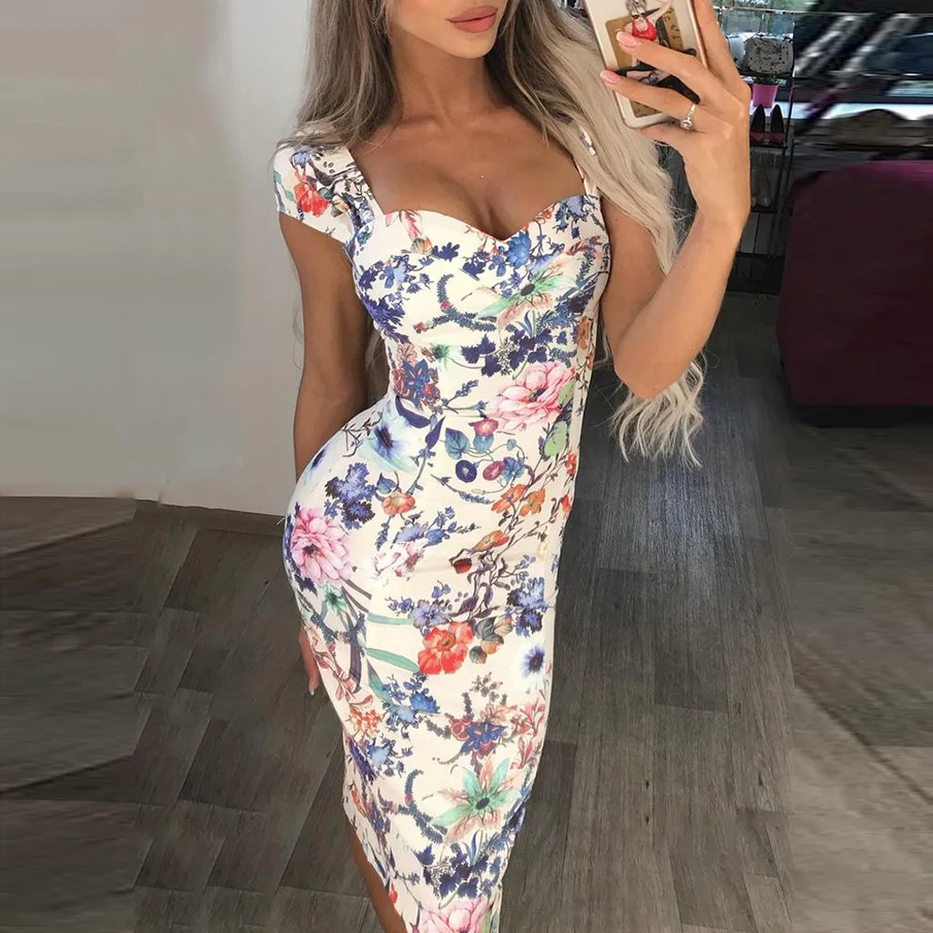 

Pack Hip Sexy Dress V-neck short-sleeved Printed Dress Waist Tight Dress Fashion Slim Vintage Dresses Vestidos B S X8
