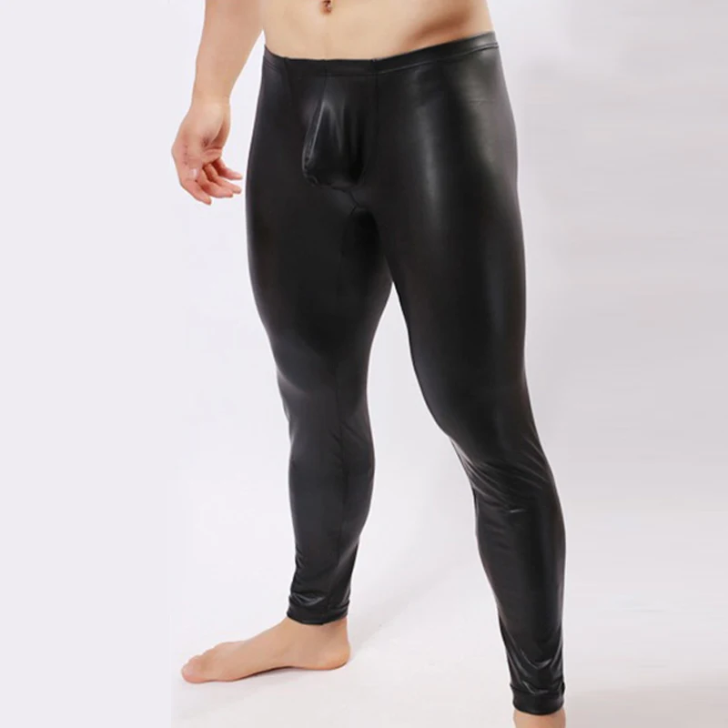 High Elastic Mens Black Red Faux Leather Latex Skinny Leggings Wet Look Bondage Active Exotic Pants Gay Male Clubwear M-XXL (4)
