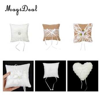 

MagiDeal Crystal Flower Wedding Ring Pillow Cushion With Ribbon Lace Rustic Wedding Party Decoration Supplie