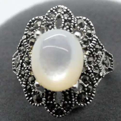 

RARE STERLING SILVER(925) WHITE ABALONE/SHELL MARCASITE JEWELRY RING SZ 7/8/9/10