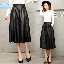 Женская кожаная юбка в японском стиле, новинка, плиссированные юбки для женщин, большие размеры, натуральная Талия, черная, длина до середины икры, Falda de cuero