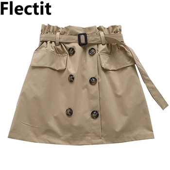 

Flectit Women Paperbag Double Breasted Skirt with Belt Fake Pocket Urban Chic TrenchSkirt England Style