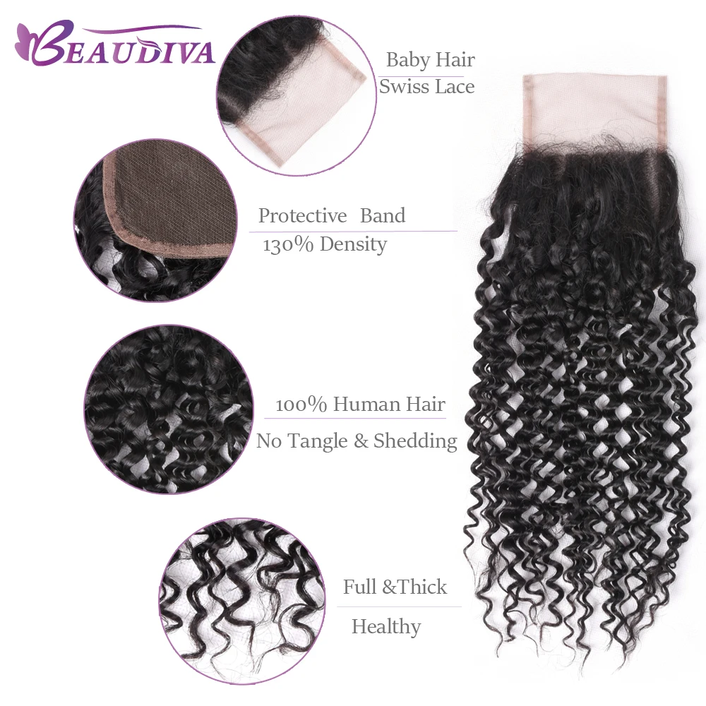 BEAUDIVA Brazilian Hair Weave Bundles Remy Hair Bundles 1&3Pcs With Closure 4*4 Kinky Curly Bundles With Closure Hair Extension