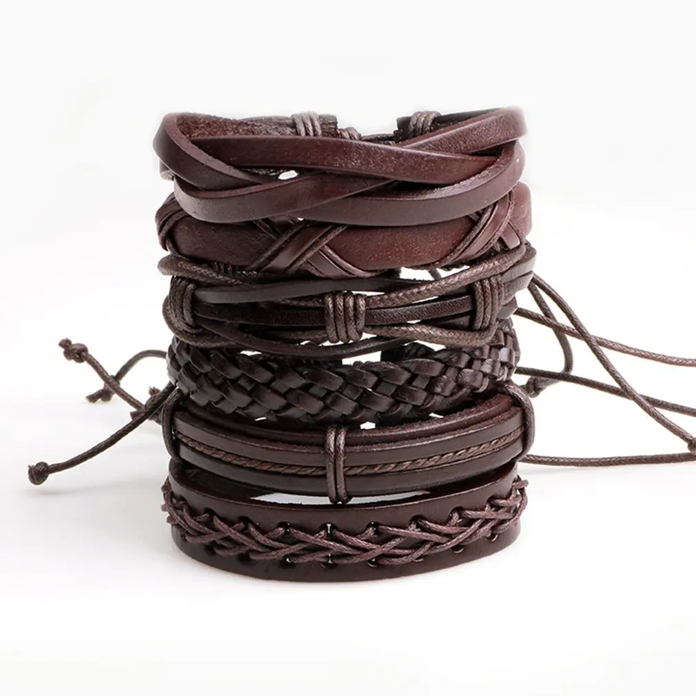 

6pcs/lot Handmade Braided Multilayer Casual Bracelets for men Bangles Black PU Leather Stylish Jewelry Accessories gifts